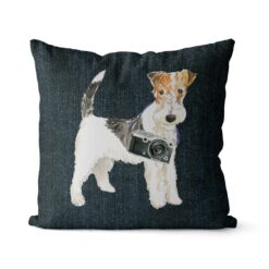 Adventure is out there cushion Wire Haired Fox Terrier Dark Denim front view