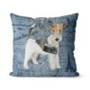 Wire Haired Fox Terrier dog Inspired Denim Style Throw Pillow Cushion - Travel collection 2 Adventure is out there cushion Wire Haired Fox Terrier Faded Ephemera Denim front view