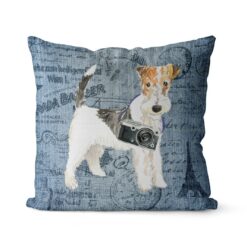 Wire Haired Fox Terrier dog Inspired Denim Style Throw Pillow Cushion - Travel collection