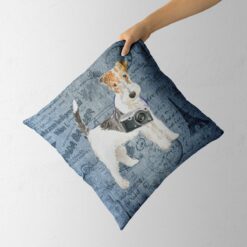 Adventure is out there cushion Wire Haired Fox Terrier Faded Ephemera Denim holding in hand