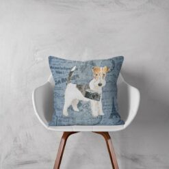 Adventure is out there cushion Wire Haired Fox Terrier Faded Ephemera Denim white chair
