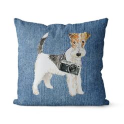 Adventure is out there cushion Wire Haired Fox Terrier Gently Faded Denim front view