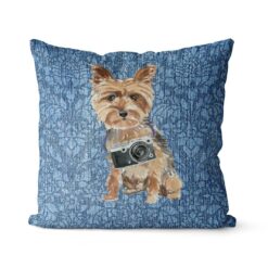 Yorkshire Terrier dog Inspired Denim Style Throw Pillow Cushion - Travel collections 20 Adventure is out there cushion Yorkshire Terrier Bleached Damask Denim front view
