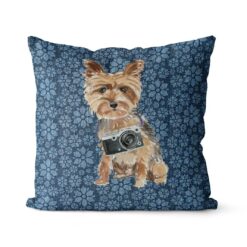 Yorkshire Terrier dog Inspired Denim Style Throw Pillow Cushion - Travel collections 19 Adventure is out there cushion Yorkshire Terrier Daisy Denim front view