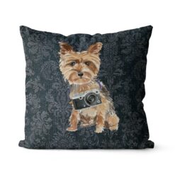 Yorkshire Terrier dog Inspired Denim Style Throw Pillow Cushion - Travel collections 18 Adventure is out there cushion Yorkshire Terrier Dark Damask Denim front view