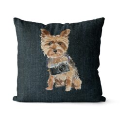 Yorkshire Terrier dog Inspired Denim Style Throw Pillow Cushion - Travel collections 17 Adventure is out there cushion Yorkshire Terrier Dark Denim front view