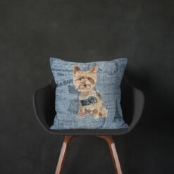 Yorkshire Terrier dog Inspired Denim Style Throw Pillow Cushion - Travel collections 14 Adventure is out there cushion Yorkshire Terrier Faded Ephemera Denim black chair