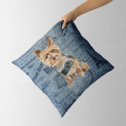 Yorkshire Terrier dog Inspired Denim Style Throw Pillow Cushion - Travel collections 13 Adventure is out there cushion Yorkshire Terrier Faded Ephemera Denim holding in hand