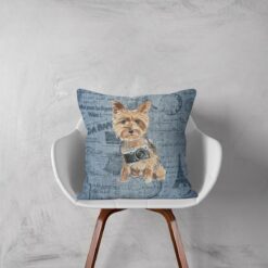 Yorkshire Terrier dog Inspired Denim Style Throw Pillow Cushion - Travel collections 12 Adventure is out there cushion Yorkshire Terrier Faded Ephemera Denim white chair