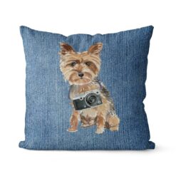 Yorkshire Terrier dog Inspired Denim Style Throw Pillow Cushion - Travel collections 16 Adventure is out there cushion Yorkshire Terrier Gently Faded Denim front view