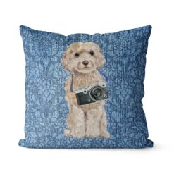 Champagne cockapoo dog Inspired Denim Style Throw Pillow Cushion - Travel collection 20 Adventure is out there cushion champagne cockapoo Bleached Damask Denim front view