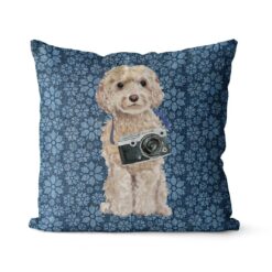 Champagne cockapoo dog Inspired Denim Style Throw Pillow Cushion - Travel collection 19 Adventure is out there cushion champagne cockapoo Daisy Denim front view