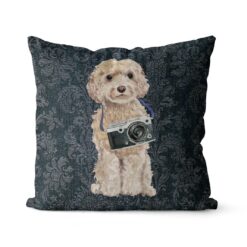 Champagne cockapoo dog Inspired Denim Style Throw Pillow Cushion - Travel collection 18 Adventure is out there cushion champagne cockapoo Dark Damask Denim front view