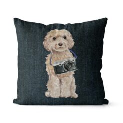 Champagne cockapoo dog Inspired Denim Style Throw Pillow Cushion - Travel collection 17 Adventure is out there cushion champagne cockapoo Dark Denim front view