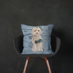 Champagne cockapoo dog Inspired Denim Style Throw Pillow Cushion - Travel collection 14 Adventure is out there cushion champagne cockapoo Faded Ephemera Denim black chair
