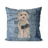 Champagne cockapoo dog Inspired Denim Style Throw Pillow Cushion - Travel collection 2 Adventure is out there cushion champagne cockapoo Faded Ephemera Denim front view