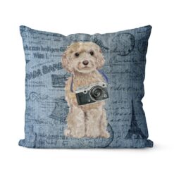 Champagne cockapoo dog Inspired Denim Style Throw Pillow Cushion - Travel collection