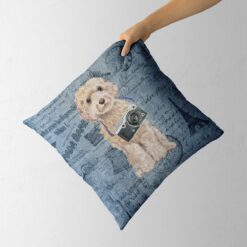 Champagne cockapoo dog Inspired Denim Style Throw Pillow Cushion - Travel collection 13 Adventure is out there cushion champagne cockapoo Faded Ephemera Denim holding in hand