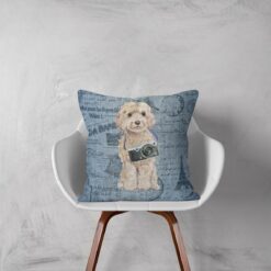 Champagne cockapoo dog Inspired Denim Style Throw Pillow Cushion - Travel collection 12 Adventure is out there cushion champagne cockapoo Faded Ephemera Denim white chair