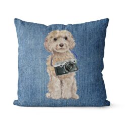 Champagne cockapoo dog Inspired Denim Style Throw Pillow Cushion - Travel collection 16 Adventure is out there cushion champagne cockapoo Gently Faded Denim front view