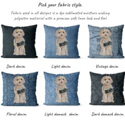 Champagne cockapoo dog Inspired Denim Style Throw Pillow Cushion - Travel collection 15 Adventure is out there cushion champagne cockapoo variations