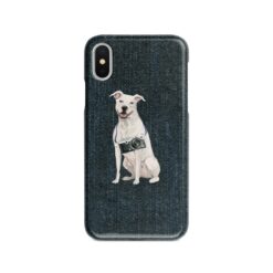 American Staffordshire terrier Denim phone case. 6 Denim styles for your Iphone 15 Pro Max, Iphone 14, 13, 12 to 6 & Samsung Galaxy S23 Ultra, S22, S21 to S6. 13 adventure dogs case denim american staffordshire terrier dark denim front view