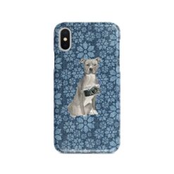 American Staffordshire terrier grey Denim phone case. 6 Denim styles for your Iphone 15 Pro Max, Iphone 14, 13, 12 to 6 & Samsung Galaxy S23 Ultra, S22, S21 to S6. 12 adventure dogs case denim american staffordshire terrier grey daisy denim front view
