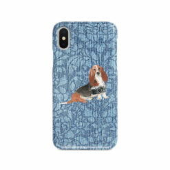 Basset Hound Denim phone case. 6 Denim styles for your Iphone 15 Pro Max, Iphone 14, 13, 12 to 6 & Samsung Galaxy S23 Ultra, S22, S21 to S6. 10 adventure dogs case denim basset hound bleached damask denim front view
