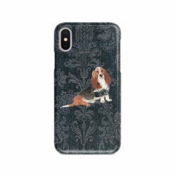 Basset Hound Denim phone case. 6 Denim styles for your Iphone 15 Pro Max, Iphone 14, 13, 12 to 6 & Samsung Galaxy S23 Ultra, S22, S21 to S6. 12 adventure dogs case denim basset hound dark damask denim front view
