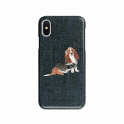 Basset Hound Denim phone case. 6 Denim styles for your Iphone 15 Pro Max, Iphone 14, 13, 12 to 6 & Samsung Galaxy S23 Ultra, S22, S21 to S6. 13 adventure dogs case denim basset hound dark denim front view