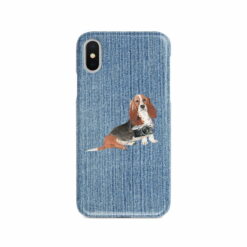 Basset Hound Denim phone case. 6 Denim styles for your Iphone 15 Pro Max, Iphone 14, 13, 12 to 6 & Samsung Galaxy S23 Ultra, S22, S21 to S6. 14 adventure dogs case denim basset hound gently faded denim front view