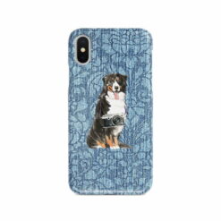 Bernese Mountain Dog Denim phone case. 6 Denim styles for your Iphone 15 Pro Max, Iphone 14, 13, 12 to 6 & Samsung Galaxy S23 Ultra, S22, S21 to S6. 10 adventure dogs case denim bernese mountain dog bleached damask denim front view