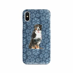 Bernese Mountain Dog Denim phone case. 6 Denim styles for your Iphone 15 Pro Max, Iphone 14, 13, 12 to 6 & Samsung Galaxy S23 Ultra, S22, S21 to S6. 11 adventure dogs case denim bernese mountain dog daisy denim front view