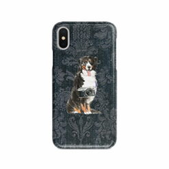 Bernese Mountain Dog Denim phone case. 6 Denim styles for your Iphone 15 Pro Max, Iphone 14, 13, 12 to 6 & Samsung Galaxy S23 Ultra, S22, S21 to S6. 12 adventure dogs case denim bernese mountain dog dark damask denim front view