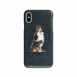 Bernese Mountain Dog Denim phone case. 6 Denim styles for your Iphone 15 Pro Max, Iphone 14, 13, 12 to 6 & Samsung Galaxy S23 Ultra, S22, S21 to S6. 13 adventure dogs case denim bernese mountain dog dark denim front view