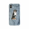 Bernese Mountain Dog Denim phone case. 6 Denim styles for your Iphone 15 Pro Max, Iphone 14, 13, 12 to 6 & Samsung Galaxy S23 Ultra, S22, S21 to S6. 2 adventure dogs case denim bernese mountain dog faded ephemera denim front view