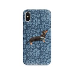 Black & Tan Dachshund Denim phone case. 6 Denim styles for your Iphone 15 Pro Max, Iphone 14, 13, 12 to 6 & Samsung Galaxy S23 Ultra, S22, S21 to S6. 12 adventure dogs case denim black tan dachshund daisy denim front view
