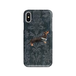 Black & Tan Dachshund Denim phone case. 6 Denim styles for your Iphone 15 Pro Max, Iphone 14, 13, 12 to 6 & Samsung Galaxy S23 Ultra, S22, S21 to S6. 13 adventure dogs case denim black tan dachshund dark damask denim front view