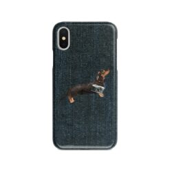Black & Tan Dachshund Denim phone case. 6 Denim styles for your Iphone 15 Pro Max, Iphone 14, 13, 12 to 6 & Samsung Galaxy S23 Ultra, S22, S21 to S6. 14 adventure dogs case denim black tan dachshund dark denim front view