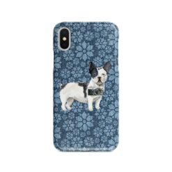 Black&white French bulldog Denim phone case. 6 Denim styles for your Iphone 15 Pro Max, Iphone 14, 13, 12 to 6 & Samsung Galaxy S23 Ultra, S22, S21 to S6. 12 adventure dogs case denim blackwhite french bulldog daisy denim front view