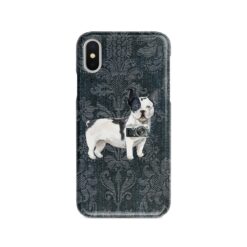 Black&white French bulldog Denim phone case. 6 Denim styles for your Iphone 15 Pro Max, Iphone 14, 13, 12 to 6 & Samsung Galaxy S23 Ultra, S22, S21 to S6. 13 adventure dogs case denim blackwhite french bulldog dark damask denim front view