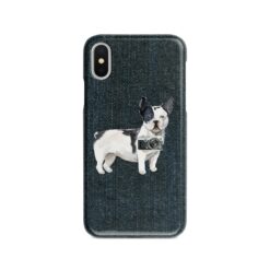 Black&white French bulldog Denim phone case. 6 Denim styles for your Iphone 15 Pro Max, Iphone 14, 13, 12 to 6 & Samsung Galaxy S23 Ultra, S22, S21 to S6. 14 adventure dogs case denim blackwhite french bulldog dark denim front view
