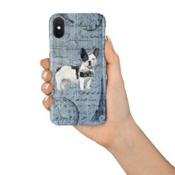 Black&white French bulldog Denim phone case. 6 Denim styles for your Iphone 15 Pro Max, Iphone 14, 13, 12 to 6 & Samsung Galaxy S23 Ultra, S22, S21 to S6. 16 adventure dogs case denim blackwhite french bulldog faded ephemera denim in hand