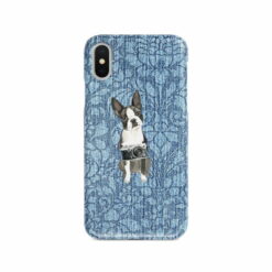 Boston Terrier Denim phone case. 6 Denim styles for your Iphone 15 Pro Max, Iphone 14, 13, 12 to 6 & Samsung Galaxy S23 Ultra, S22, S21 to S6. 10 adventure dogs case denim boston terrier bleached damask denim front view