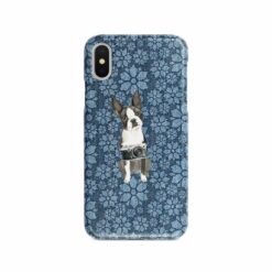 Boston Terrier Denim phone case. 6 Denim styles for your Iphone 15 Pro Max, Iphone 14, 13, 12 to 6 & Samsung Galaxy S23 Ultra, S22, S21 to S6. 11 adventure dogs case denim boston terrier daisy denim front view