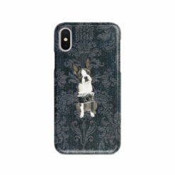 Boston Terrier Denim phone case. 6 Denim styles for your Iphone 15 Pro Max, Iphone 14, 13, 12 to 6 & Samsung Galaxy S23 Ultra, S22, S21 to S6. 12 adventure dogs case denim boston terrier dark damask denim front view