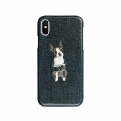 Boston Terrier Denim phone case. 6 Denim styles for your Iphone 15 Pro Max, Iphone 14, 13, 12 to 6 & Samsung Galaxy S23 Ultra, S22, S21 to S6. 13 adventure dogs case denim boston terrier dark denim front view