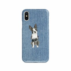 Boston Terrier Denim phone case. 6 Denim styles for your Iphone 15 Pro Max, Iphone 14, 13, 12 to 6 & Samsung Galaxy S23 Ultra, S22, S21 to S6. 14 adventure dogs case denim boston terrier gently faded denim front view