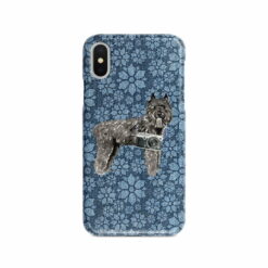 Bouvier des Flandres Denim phone case. 6 Denim styles for your Iphone 15 Pro Max, Iphone 14, 13, 12 to 6 & Samsung Galaxy S23 Ultra, S22, S21 to S6. 11 adventure dogs case denim bouvier des flandres daisy denim front view