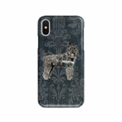 Bouvier des Flandres Denim phone case. 6 Denim styles for your Iphone 15 Pro Max, Iphone 14, 13, 12 to 6 & Samsung Galaxy S23 Ultra, S22, S21 to S6. 12 adventure dogs case denim bouvier des flandres dark damask denim front view